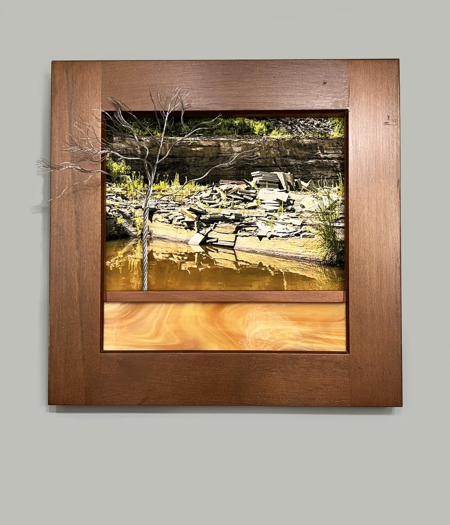 Quarry with Faux Tree – 2025, photo, reused wood, stained glass & cable, 14.5 x 15 x 5 inches