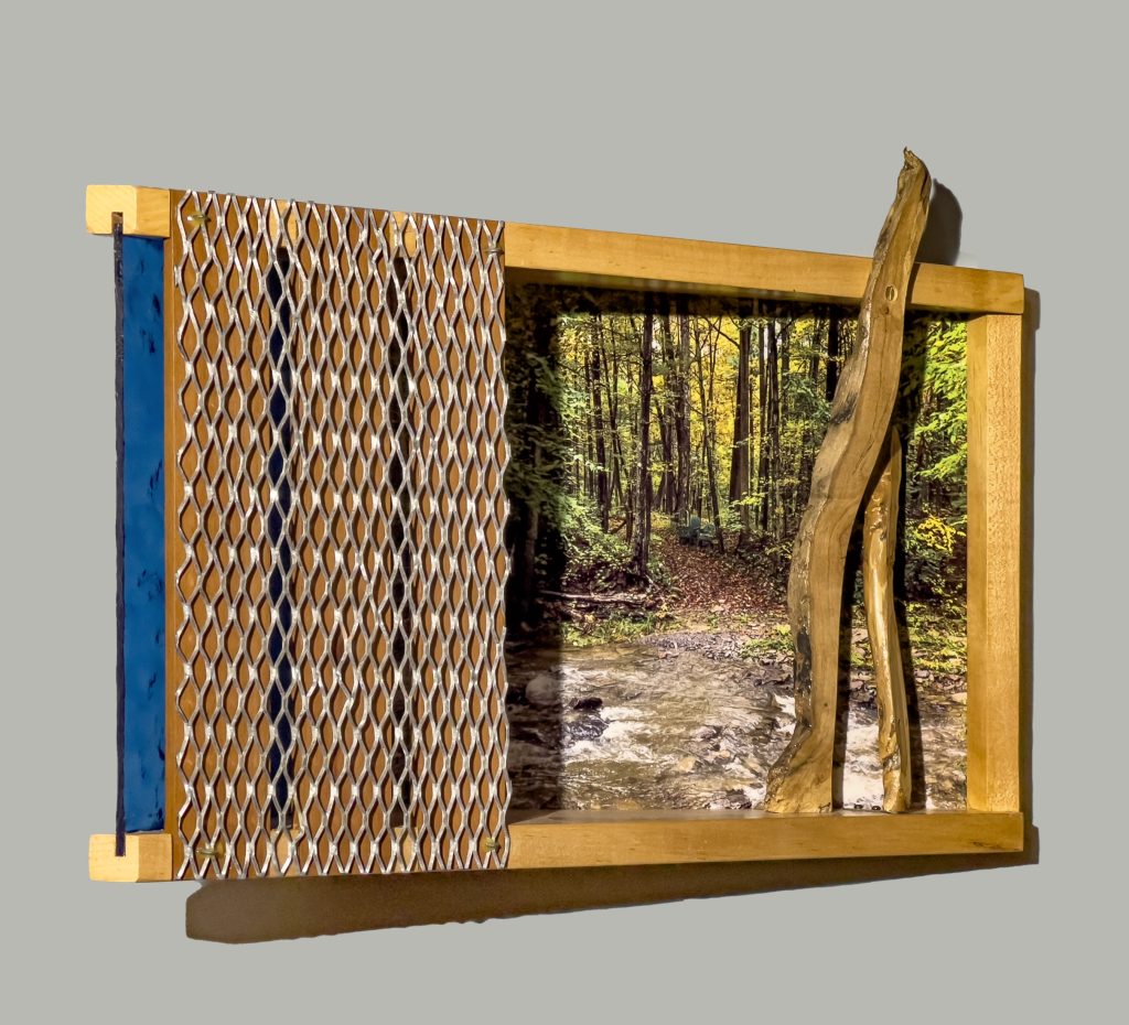 Stream Crossings II – 2020, photo, found and reused wood, acrylic sheet & wire lath